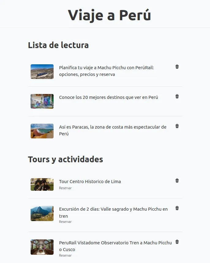 Imagen que muestra una lista de viajes a Perú