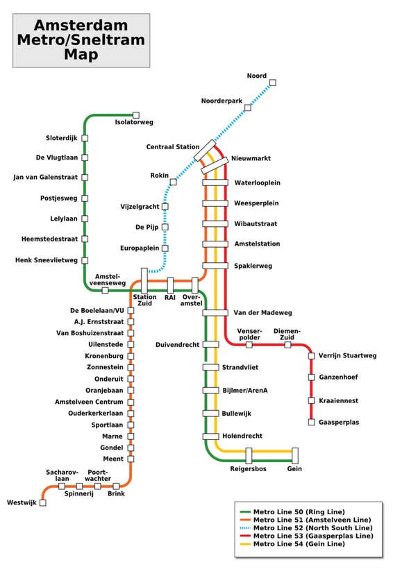 Mapa de las líneas de metro Ámsterdam
