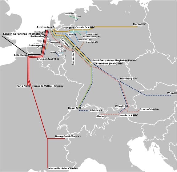 Mapa de trenes internacionales de Países Bajos.