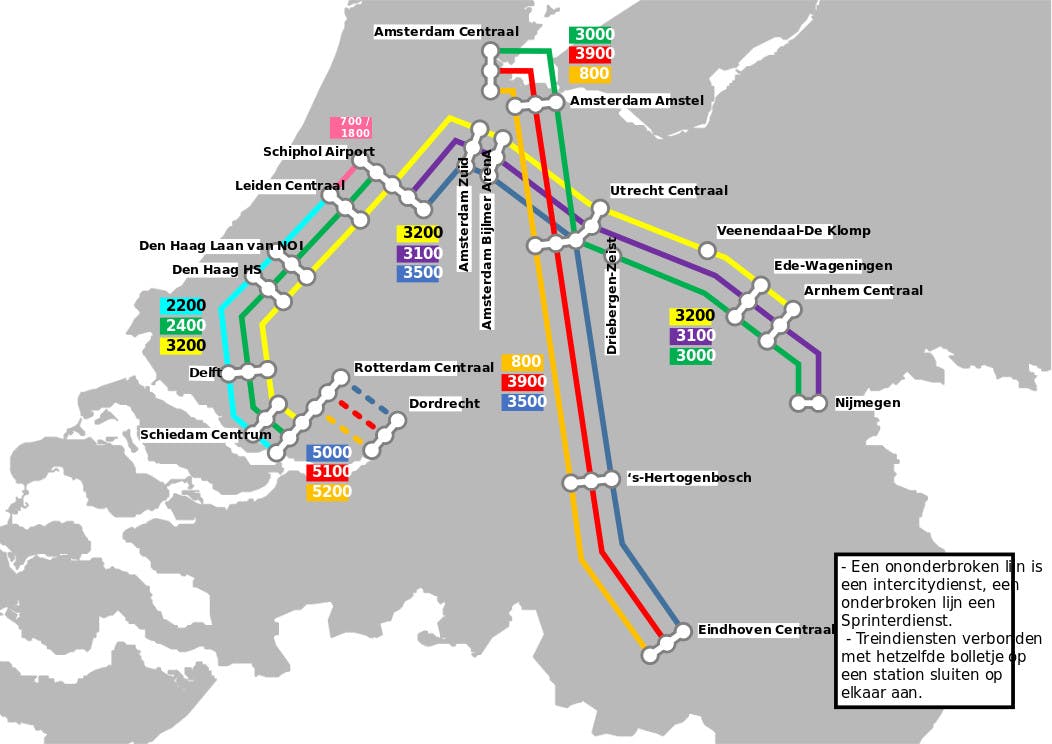 Mapa de trenes nacionales de Países Bajos